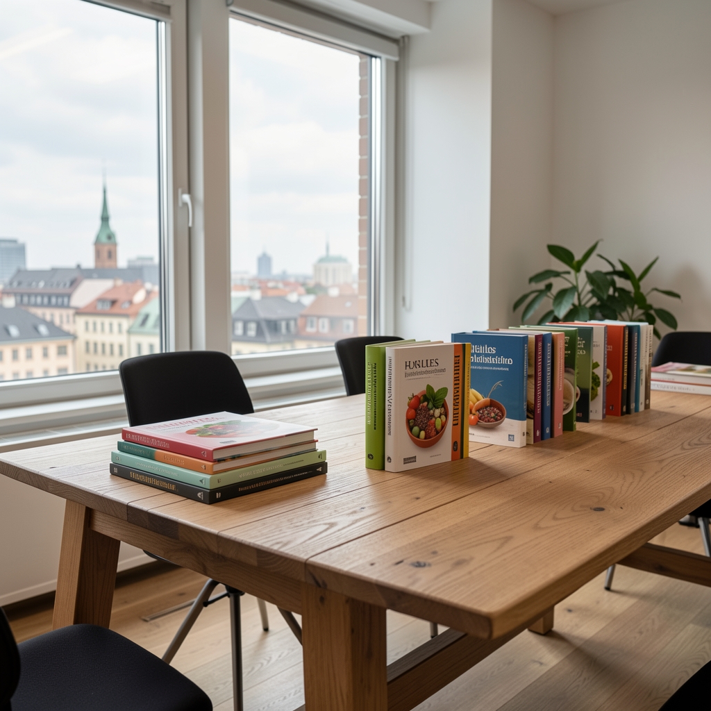 Helles Redaktionsbüro mit Holztisch, Fachbüchern zur Ernährungswissenschaft und einem grossen Fenster mit Stadtblick