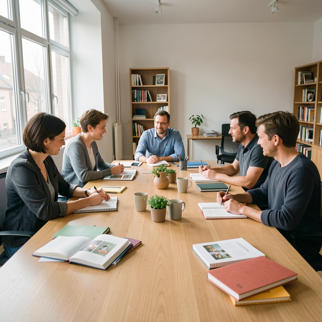 Redaktionsteam bei der Besprechung von Ernährungsartikeln an einem grossen Tisch mit Tageslicht und Notizbüchern