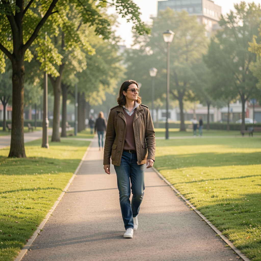Person beim Morgenspaziergang in einem Stadtpark mit Grünfläche und weichem Morgenlicht