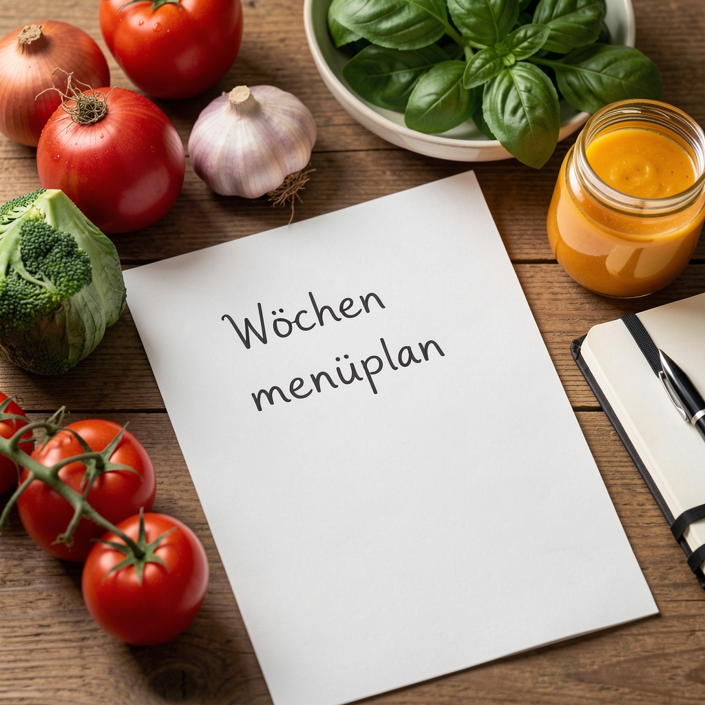 Wochenmenüplan handgeschrieben auf Papier neben frischen Zutaten und einem Notizbuch