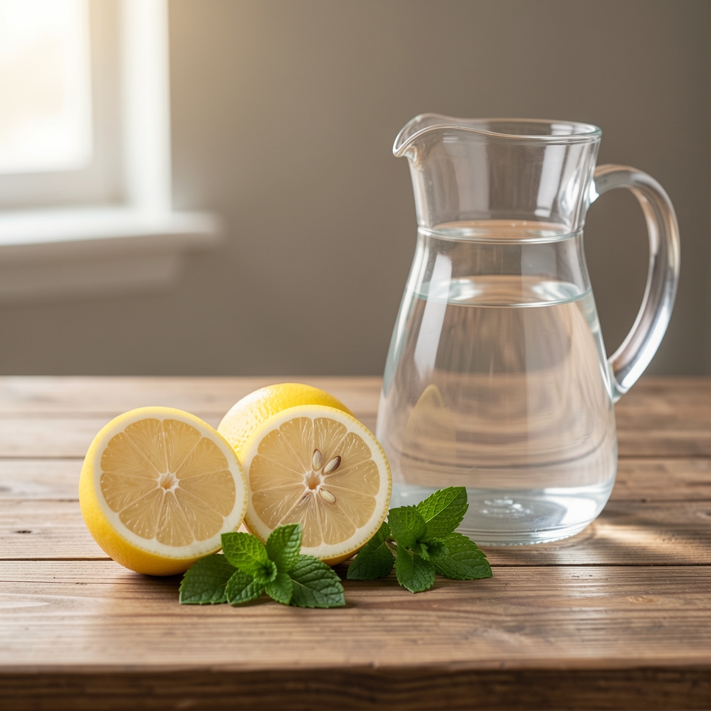 Glas Wasser mit frischen Zitronenscheiben und Minzblättern auf einem Tisch neben einem Wasserkrug