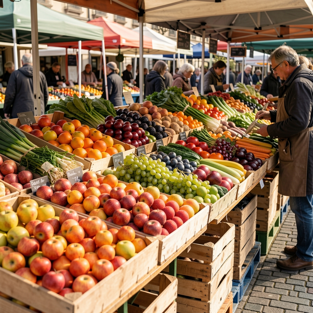 Auswahl frischer saisonaler Früchte und Gemüse auf einem Wochenmarkt mit Holzkisten und Tageslicht